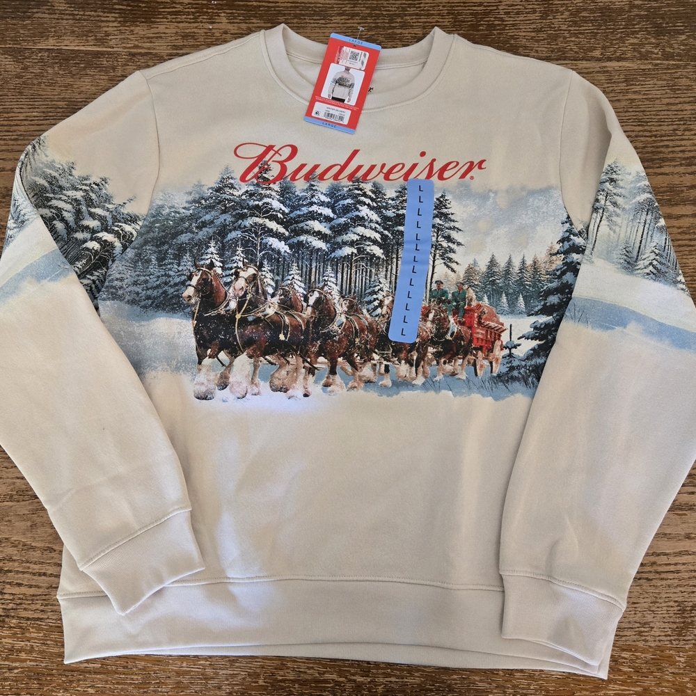 Budweiser Beige Crewneck Sweater with Horse Scene